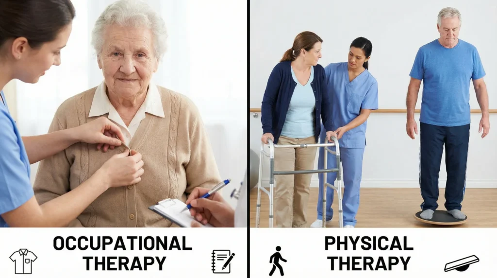 Patient receiving physical therapy and occupational therapy
