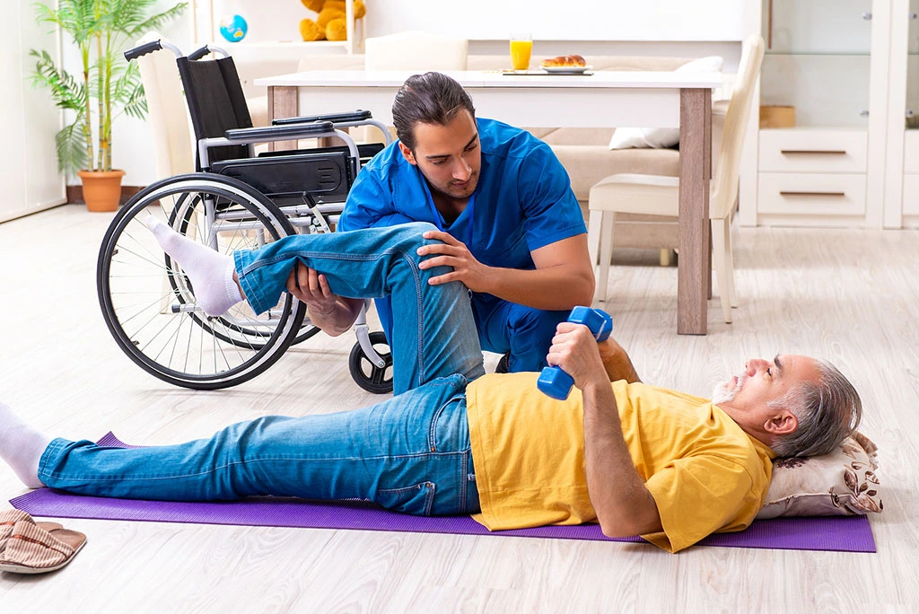 Physical therapist treating patient at home and in an outpatient clinic